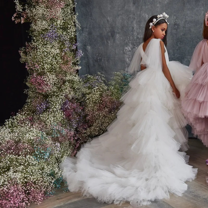 Vestidos de florista rosa branco e empoeirado, Tule com Tailing, Sem mangas, Casamento, Festa de aniversário, Vestidos de princesa