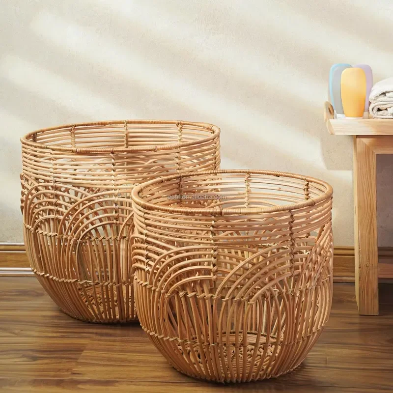 2 large bohemian woven blanket baskets Wicker vine storage Floor baskets for bathroom clothes and laundry storage