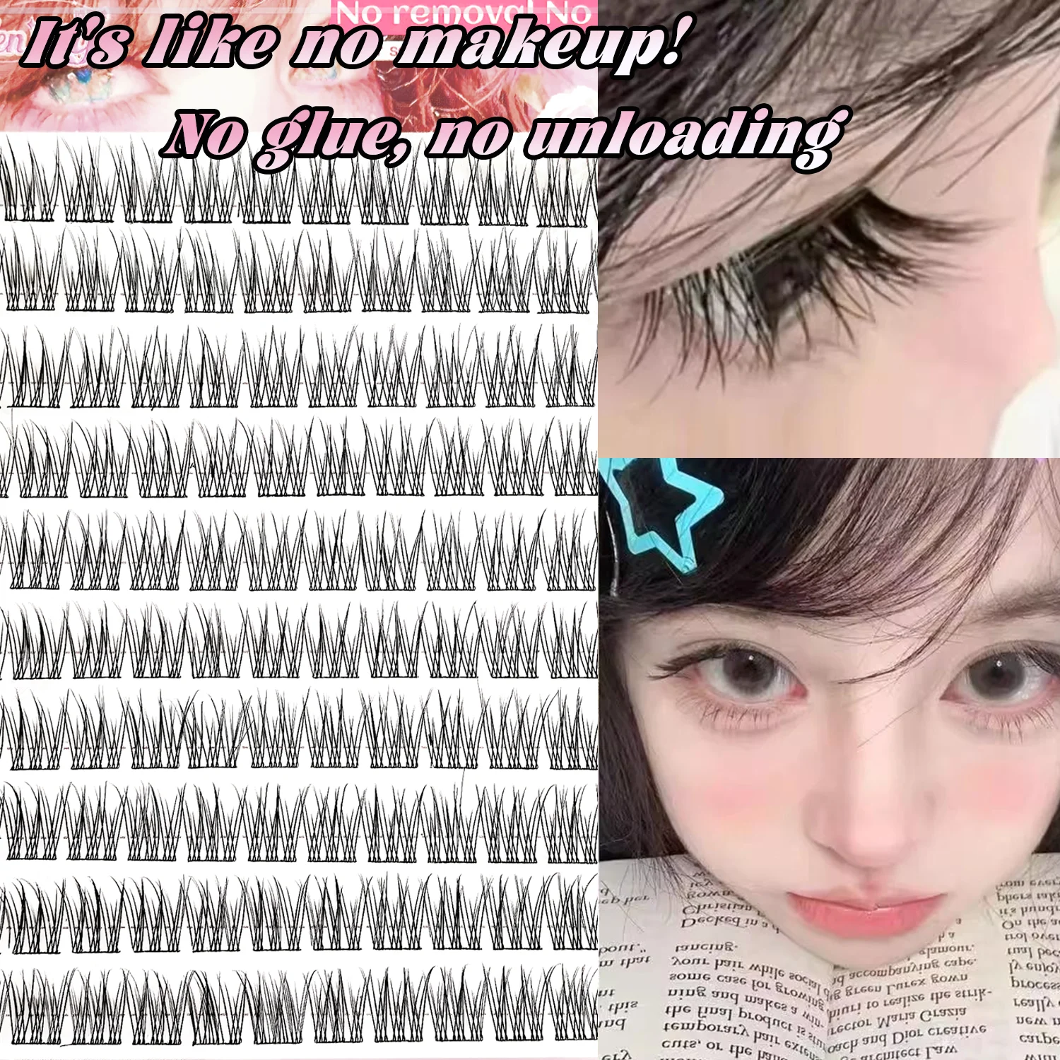 110PCS Self-Adhesive Eyelashes Triple Fish Tail Style | Extremely Fine Black Stem False Lashes | Clear Transparent Natural Look