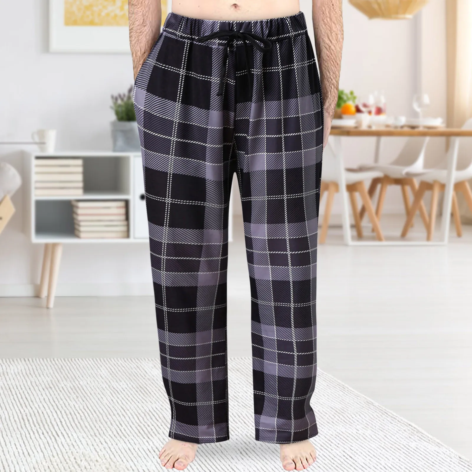 Plaid Pajama Pants Mens Autumn Winter Thermal Sleepwear Pants Smooth Nightgown Drawstring Elastic Tracksuit Pants Man Clothing