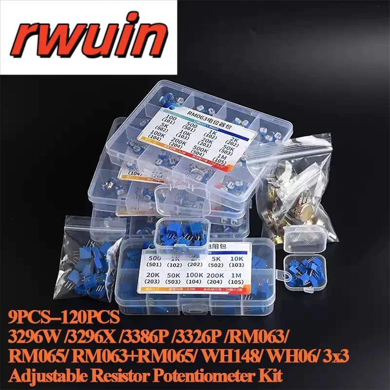 9Pcs-120pcs 3296W/3296X/3326P/3386P/RM063/RM065/WH148/WH06/3*3 Adjustable Resistor Potentiometer Kit Electronic Components