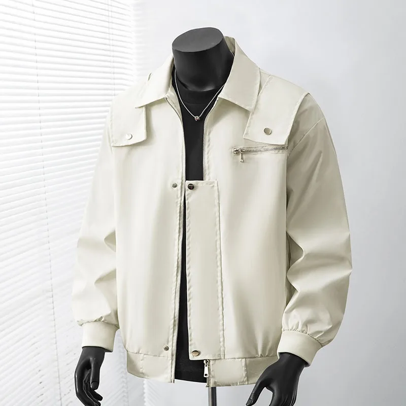 Men Lapel Collar Cargo Jacket Multi‑Zipper Pocket Design Loose Casual Windbreaker Male Daily Streetwear Outer Coat