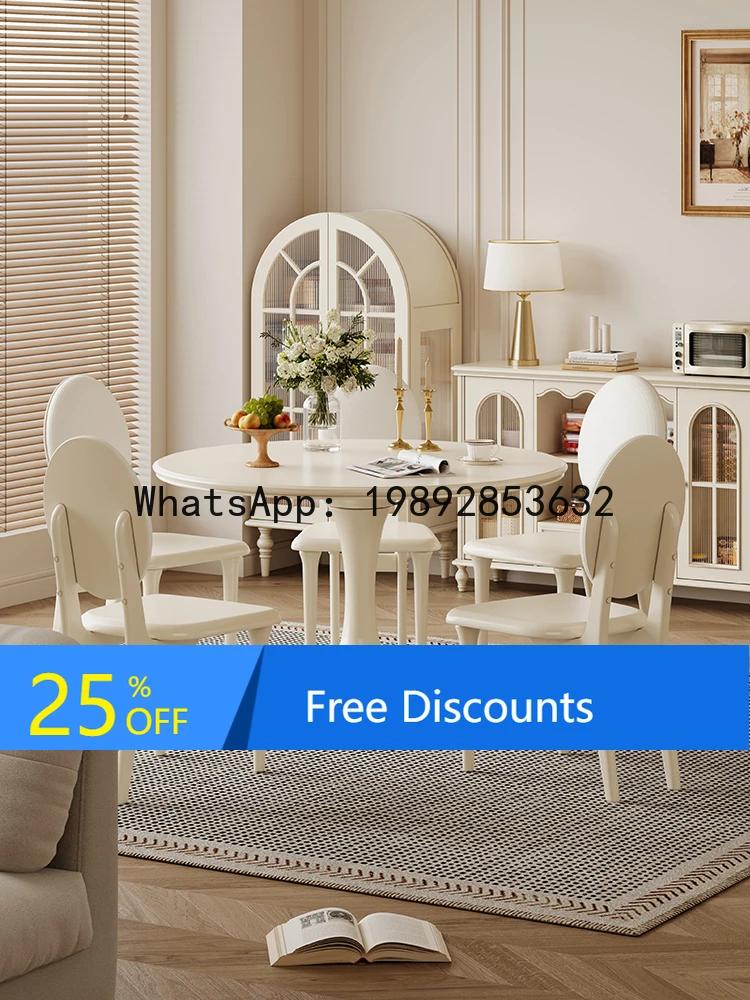 

YFY French Cream Style Solid Wood Round Dining Table White Round 1.2m Home Dining Table Restaurant Table and Chair Set