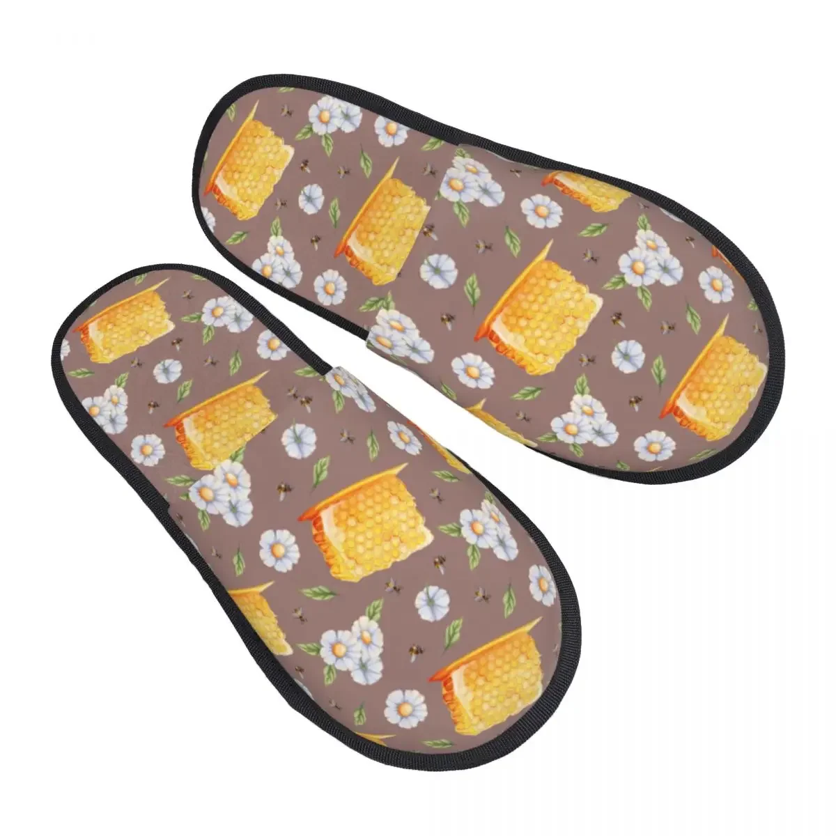 Plush Indoor Slippers Honeycombs Wildflowers And Bees Warm Soft Shoes Home Footwear Autumn Winter