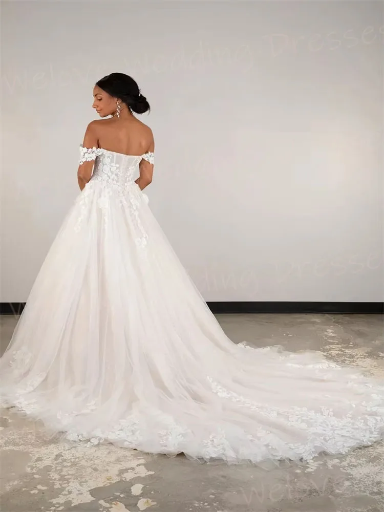 Lindo uma linha de renda feminina apliques vestidos de casamento robe de mariée personalizado fora do ombro vestidos de noiva novia