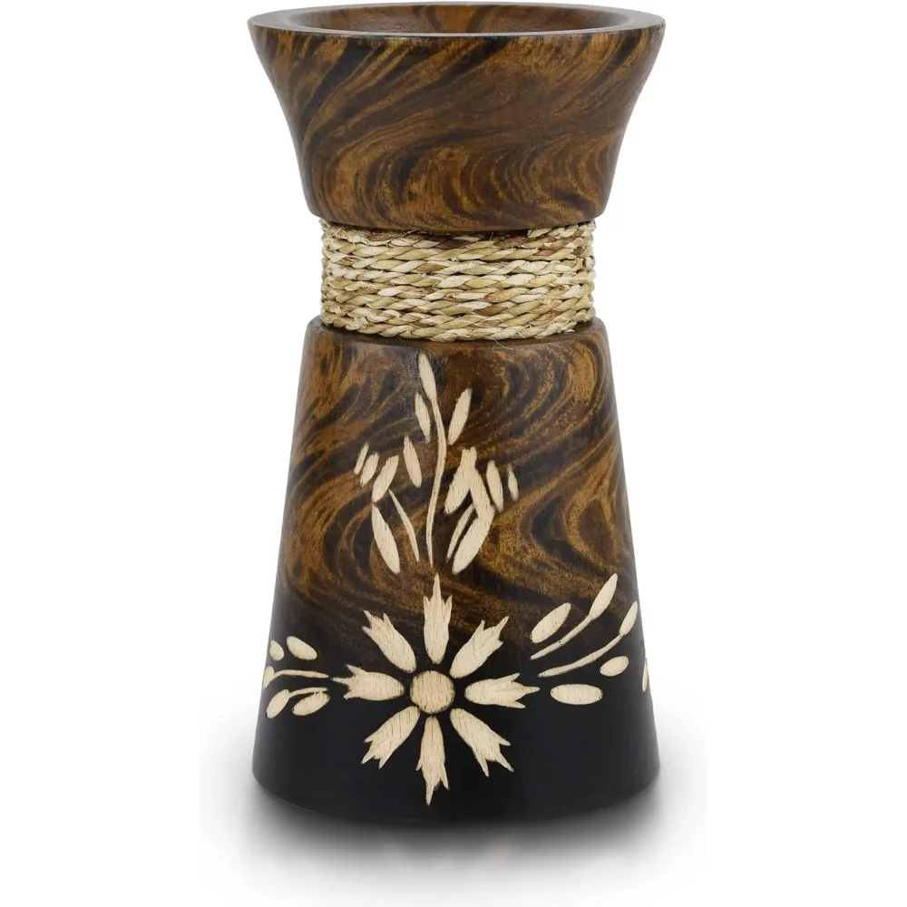 مزهرية مستطيلة مصنوعة يدويًا من خشب شجرة المانجو مقاس 6 بوصات |   مزهرية خشبية ريفية لسطح الطاولة