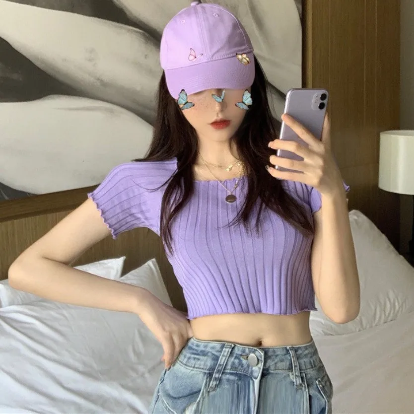 

Bla ort Sve Knitted Slim Fit T-irt Women's Spring Summer New Sle Base Layer Top Belly Baring Inner Wear irt