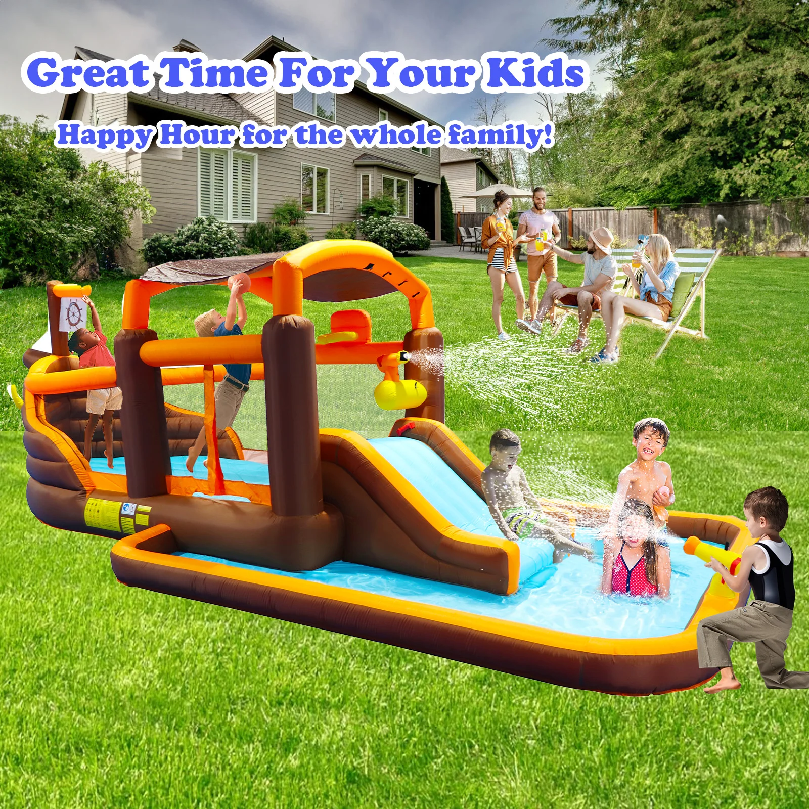 

Inflatable Big Bounce House Playground Backyard Slide Water Park Bouncer with Cruise ship design Splash Pool & Basketball & Blow