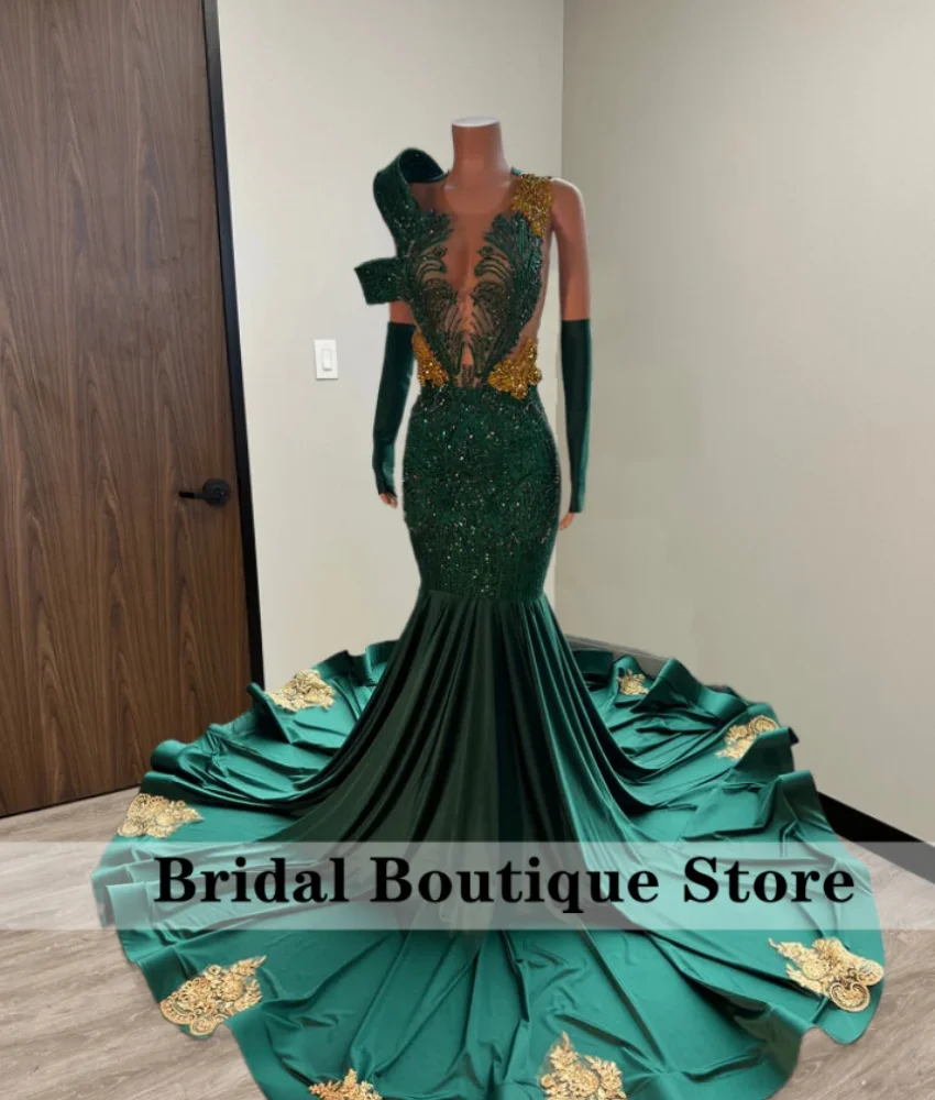 Luxury Green Mermaid Evening Dress 2024 Beading Crystal Birthday Party Vestidos Shining Fancy Clothes Sequins Appliques