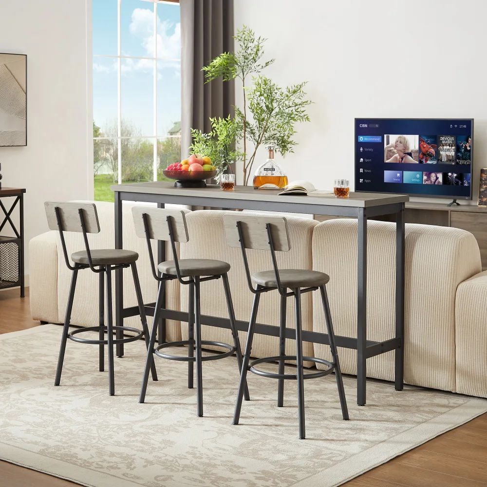 

Long Bar Table Set with 3 PU Upholstered Bar Stools Industrial Bar Table and Chairs for Kitchen Breakfast Table Living Room