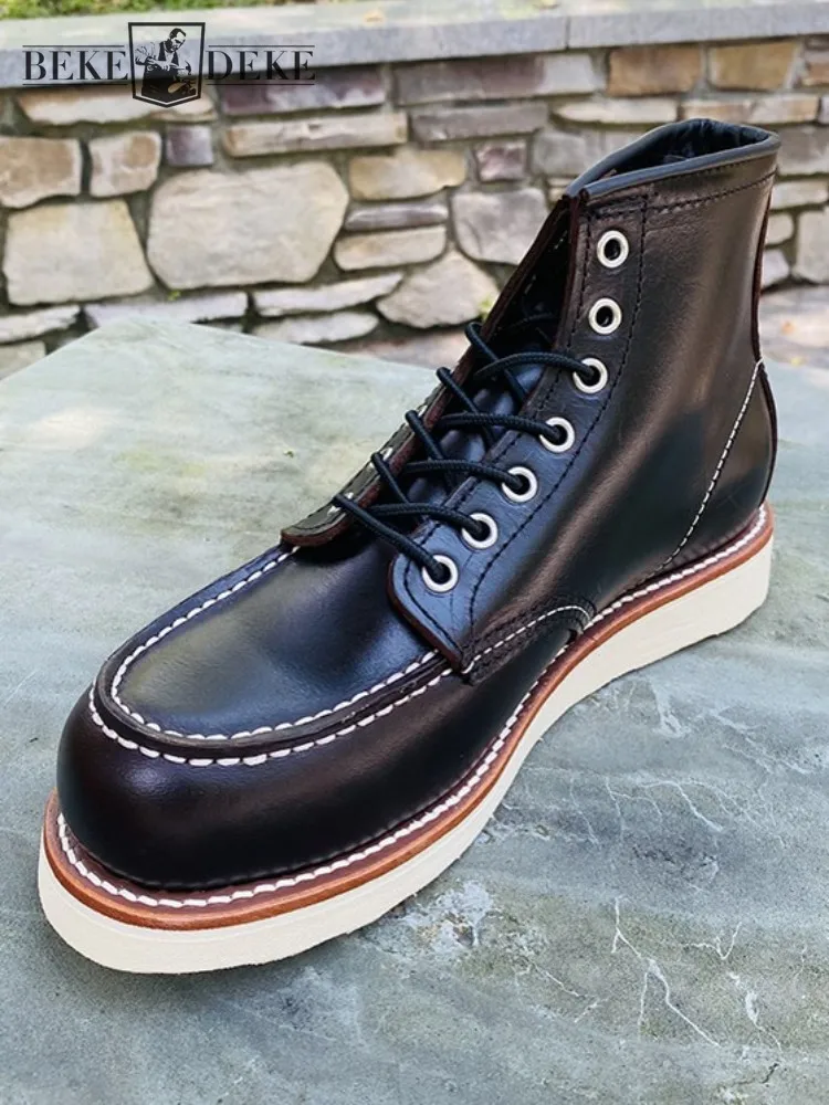 

Мужские ботинки из натуральной кожи в британском стиле с круглым носком и шнуровкой, однотонные удобные высокие туфли из воловьей кожи на среднем каблуке