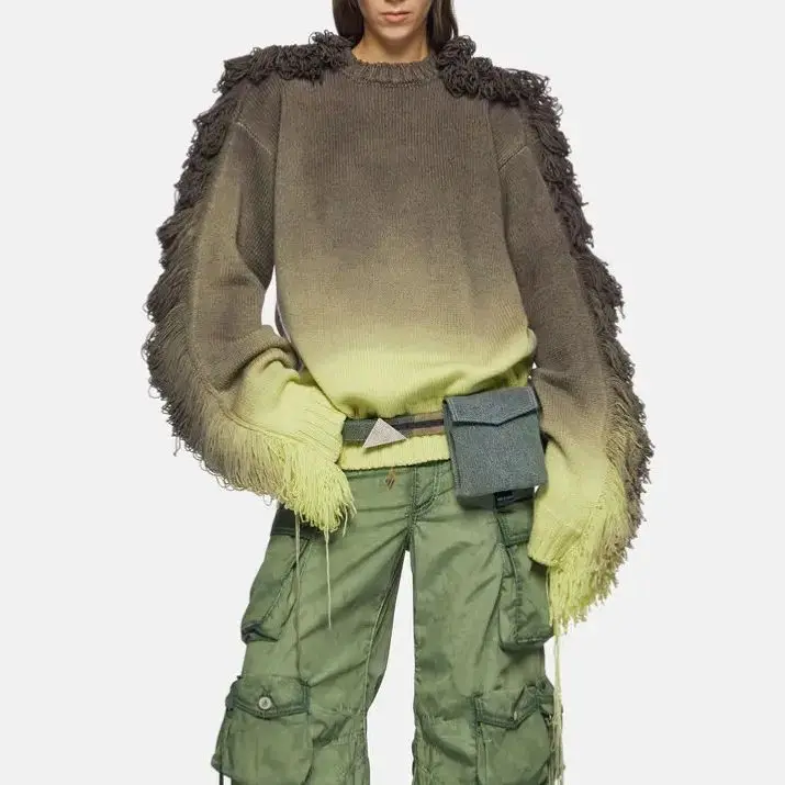 Tassel Fringe Knitted Women Sweater Changing Color Baggy Jumpers 2023 Fall Winter New Fashion Streetwear Workout Activewears