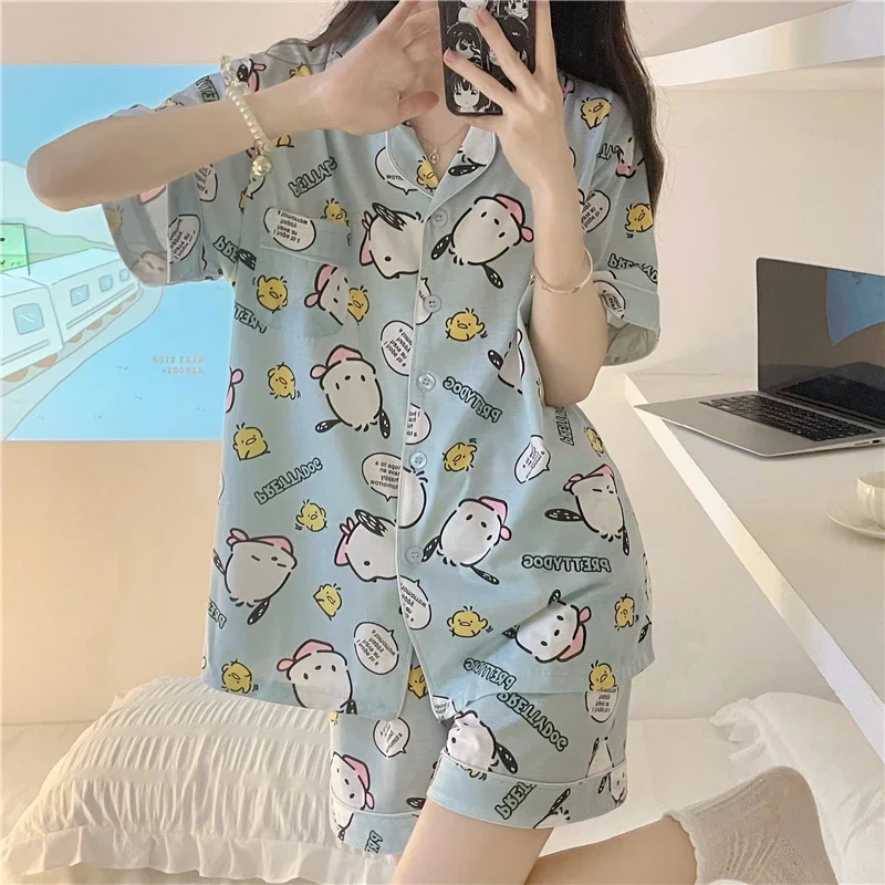 Sanrio Pacha Dog Silk Pajamas Women\'s Summer Ice Silk Short Sleeve Shorts Cartoon Women\'s Pajamas Homewear Pajamas Pants Set