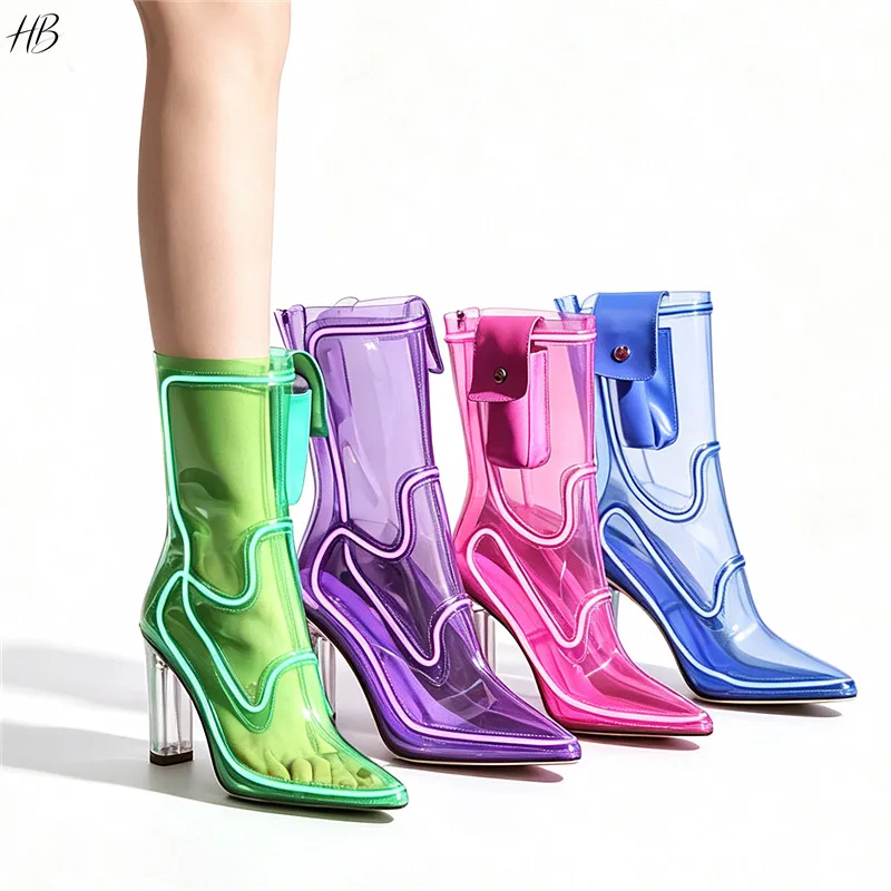 Women Glowing Transparent PVC Ankle Boots Pointed Toe Chunky Clear High Heel Fashion Sexy Dress Party Nightclub Festival Stage