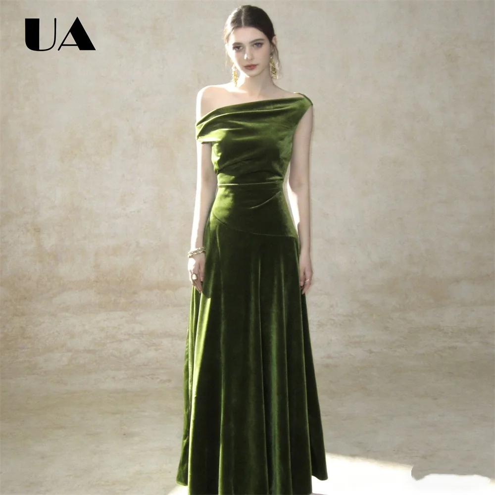 

Women's Olive Green Velvet Evening Gown Off-Shoulder Flowy Maxi Dress, uxurious Formal Dress for Gala, Wedding Guest