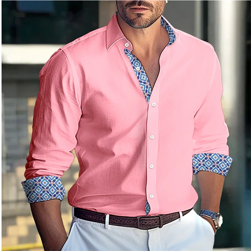 2024 Men's Shirt Button Pink Long Sleeve Tops Daily Vacation Wear Fashion Casual Comfortable Elegant Large Size Shirt S-6XL