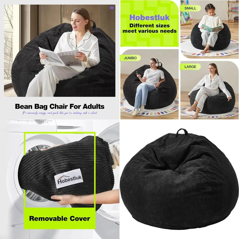 Jumbo Black Adult Bean Bag Chair with Removable Cover and Filler for Bedroom or Living Room
