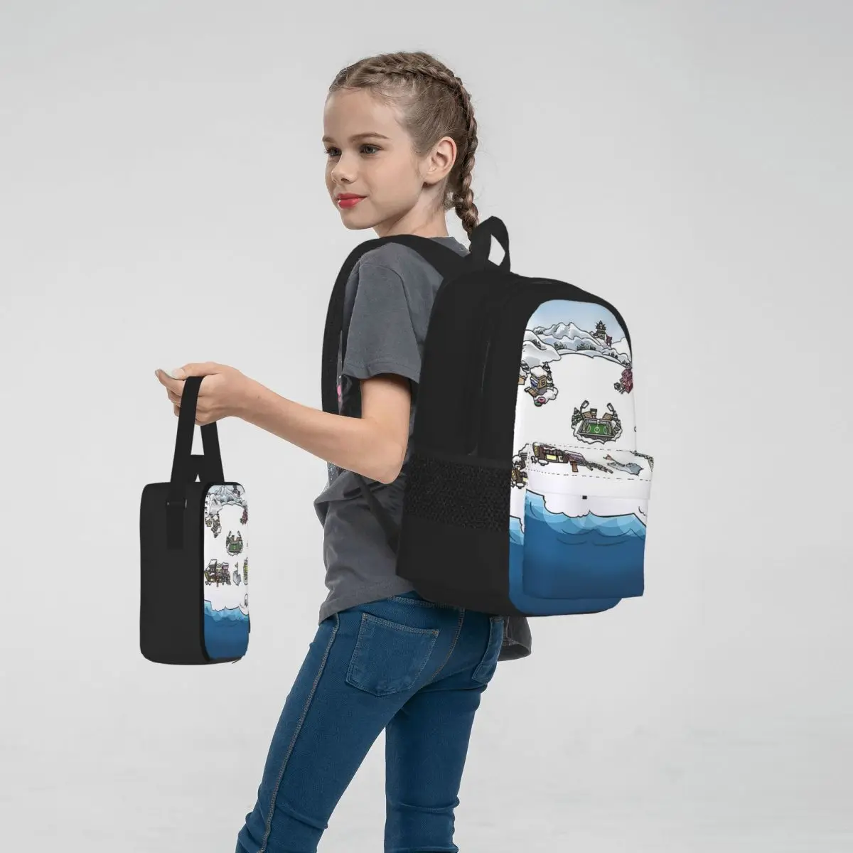 Club Penguin M Backpacks Boys Girls Bookbag Students School Bags Kids Rucksack Lunch Bag Pen Bag Three-Piece Set