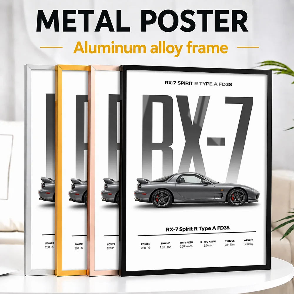Impresión metálica personalizada de un coche deportivo japonés RX-7 Spirit R Type A FD3S, de color gris titanio, con marco metálico, ideal para decorar la pared de una sala de juegos.