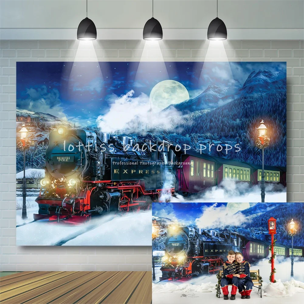 

Christmas Polar Express Train Backdrop Snow Forest Big Moon Decor Sleigh Snowflake Birthday Party Family Kids Portrait Backgroun