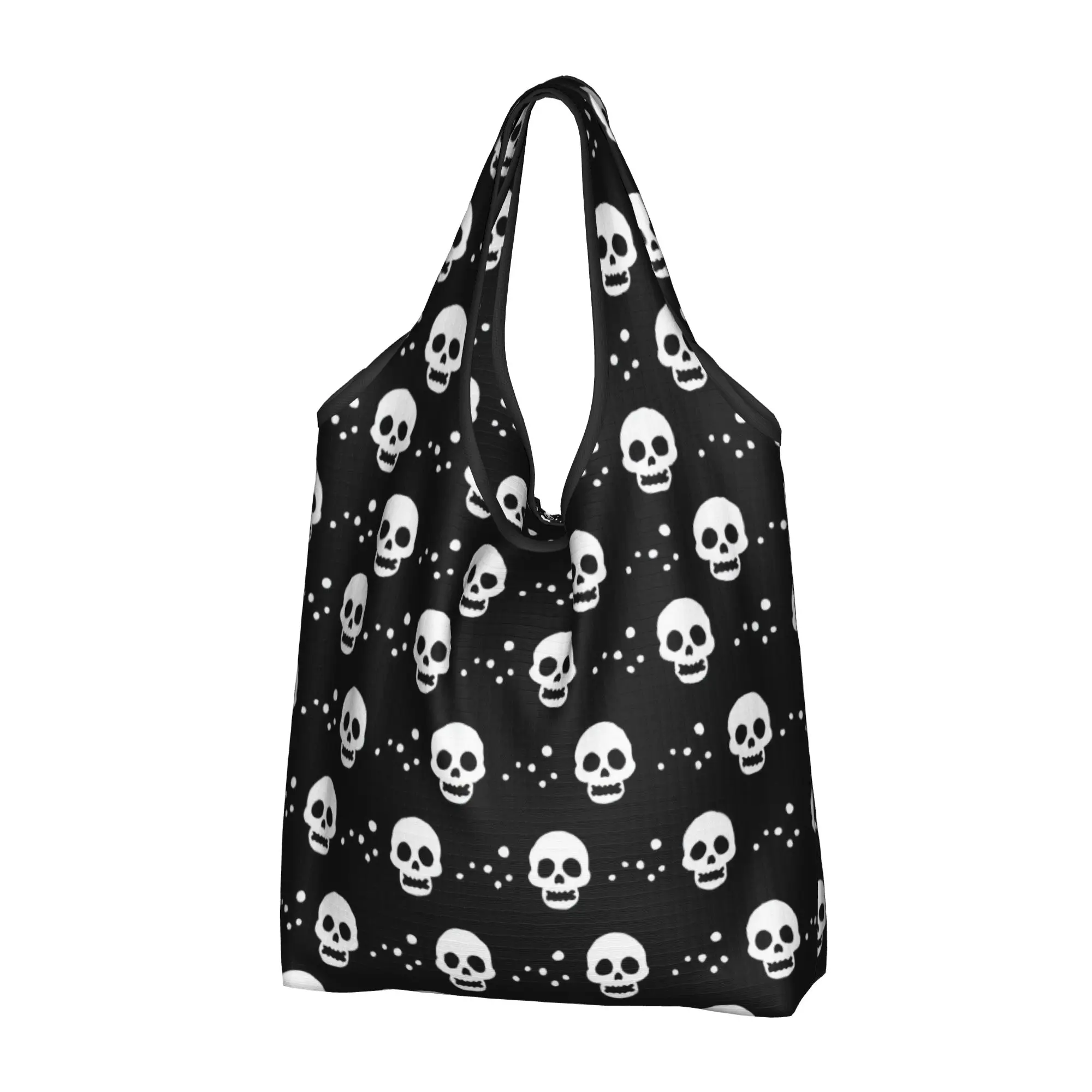 Custom Skull  Shopping Bags Women Portable Big Capacity Grocery Horror Skeleton  Tote Shopper Bags