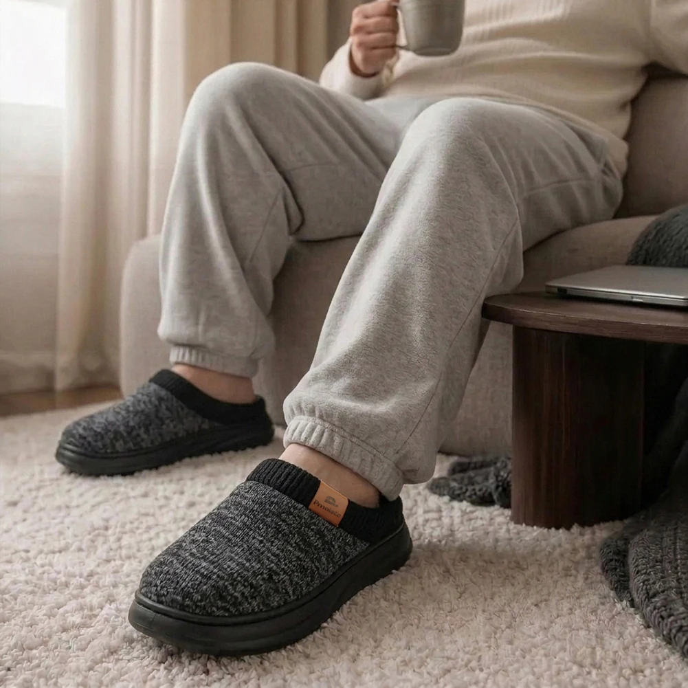 Herren-Hausschuhe mit breitem Fußgewölbeunterstützungsprofil, EVA-Spleiß-Strickdesign, weich und bequem, mit Memory-Schaum-Polsterung, für den Innenbereich. – Detail 9