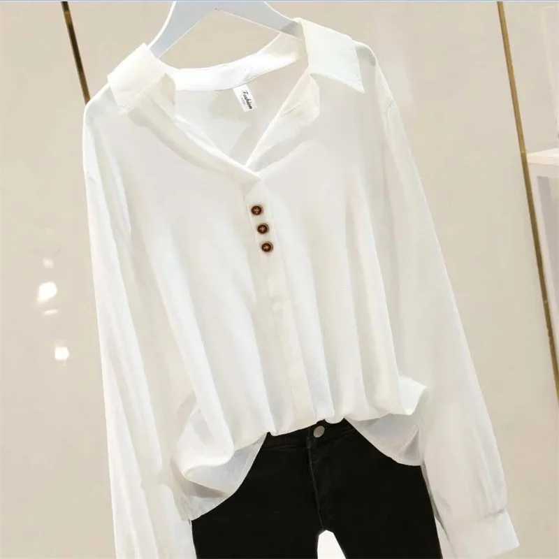 

Cotton Linen Shirt Women's Long Sleeved Versatile Solid Color V-neck Loose White Blouse Top 2025 New Trendy Spring Autumn Shirt