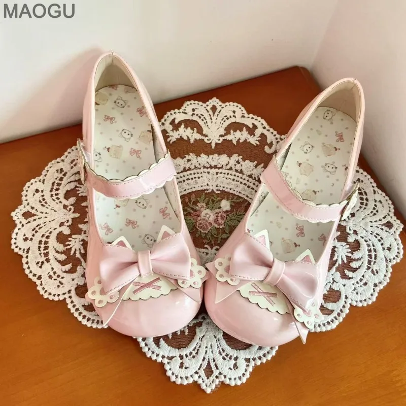 Japanese Style Cute Lolita Shoes Pink Bow Women's Mary Jane Shoes Size 35-40 Low Heel Pumps Sweet Zapatos De Mujer Comfortable