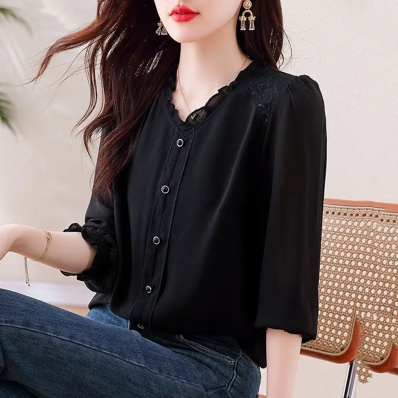 Spring Autumn New Solid Color Ruffled Neck Long Sleeve Shirt Women High Street Button Patchwork Cardigan Elegant All-match Tops