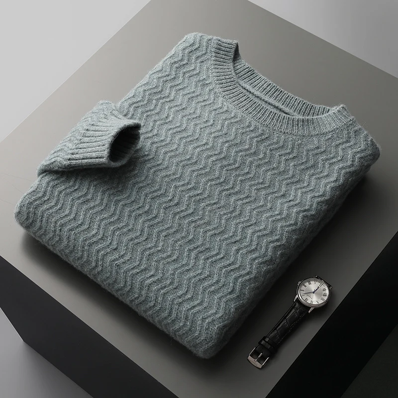 Autumn and winter new 100% pure wool wavy pattern men's round neck thickened loose pullover sweater cashmere knitted bottoming s