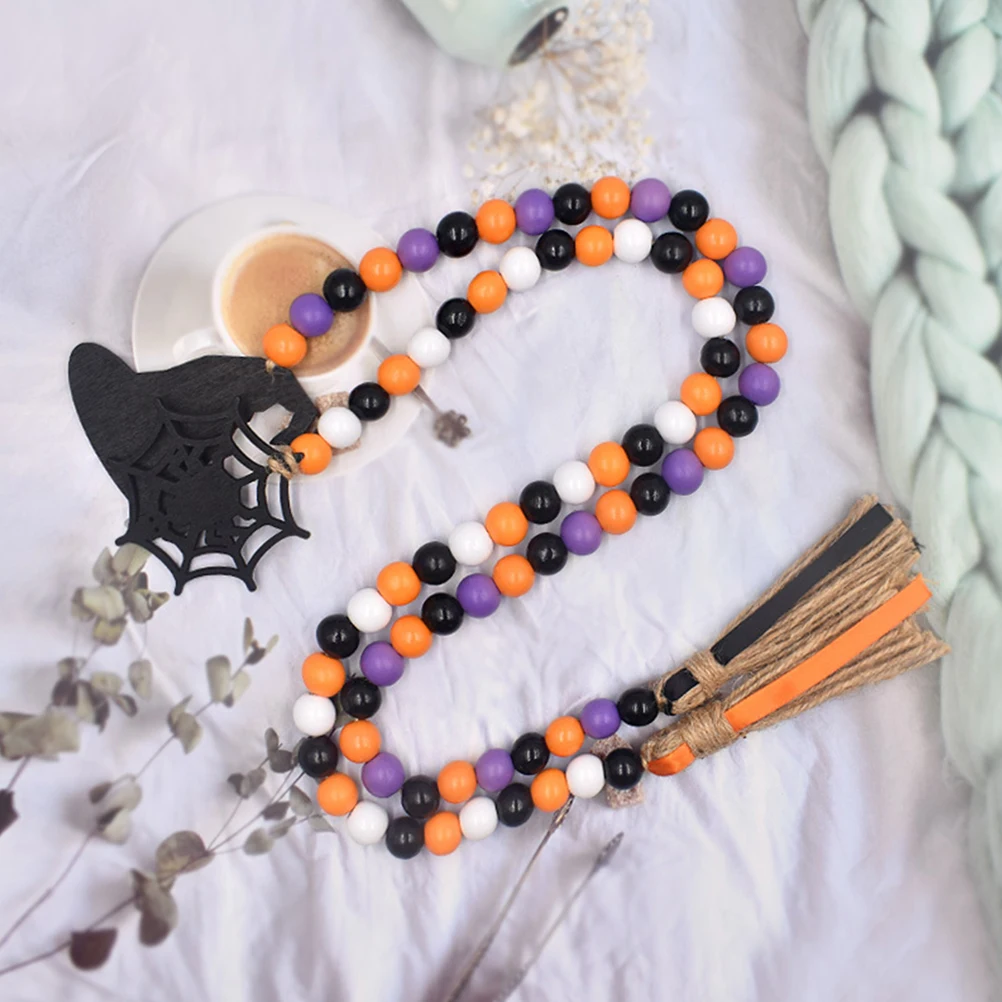 

2 Pcs Wreath Wooden Bead Tassel String Pendant Decoration Halloween Hanging Table Tiered Tray