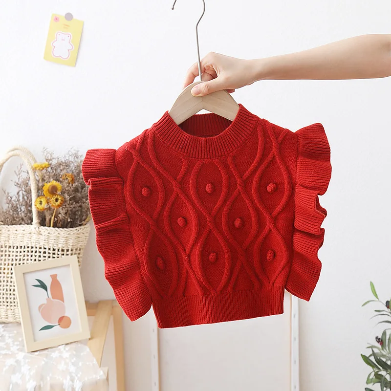 Spring Autumn Kids Knitted Vest Girls Knitted Ruffles Vests Sleeveless Pullovers Korean Style Stripes Toddler Waistcoats FY10061