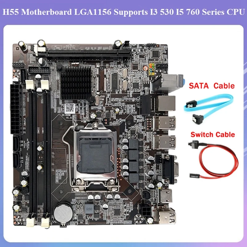 

Материнская плата H55 LGA1156 поддерживает процессор серии I3 530 I5 760, память DDR3, компьютерная материнская плата с кабелем SATA + кабель переключателя