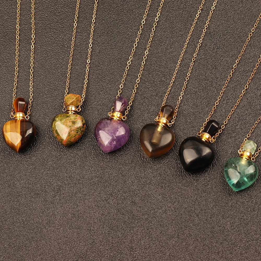 Natural Quartz Reiki Healing Heart-Shaped Essential Oil Perfume Bottle Pendant Aromatherapy Crystal Necklace