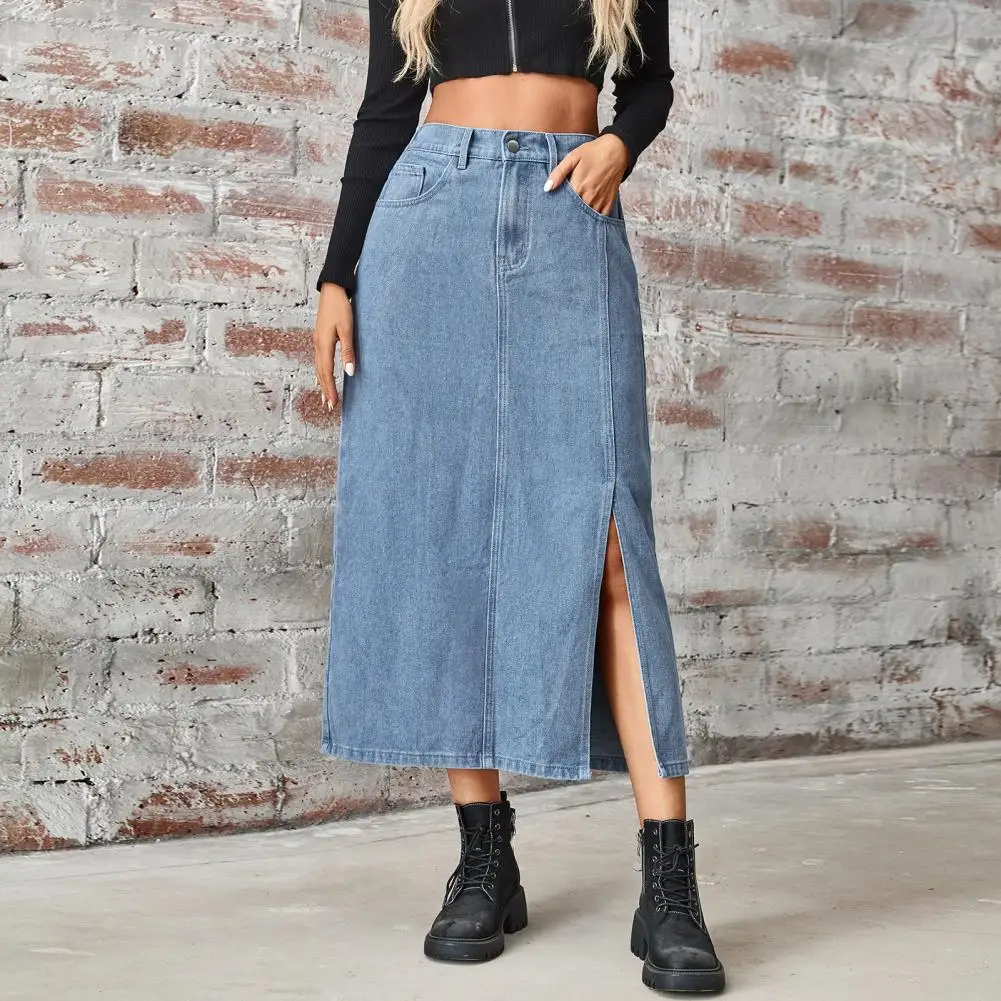 

Simple Style Midi Skirt Mid-waist Skirt Stylish Denim Midi Skirt with Side Slit Design Pockets for Women Retro for Outfits