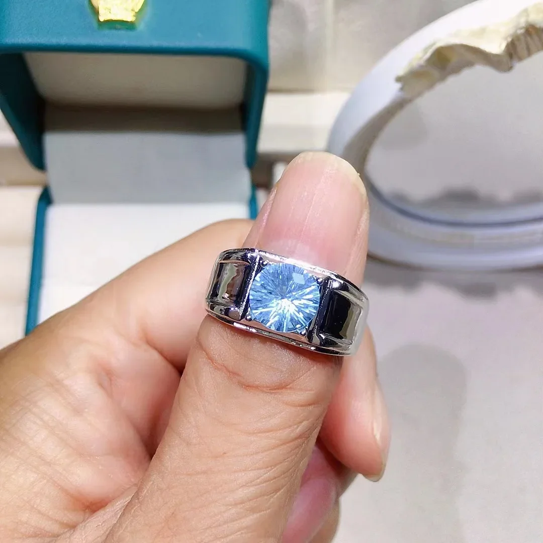 Cincin Pria Topas Biru Terang 2ct Cincin Topas Alami 8Mm * 8Mm untuk Pria Perhiasan Topas Perak 925 untuk Pakaian Sehari-hari