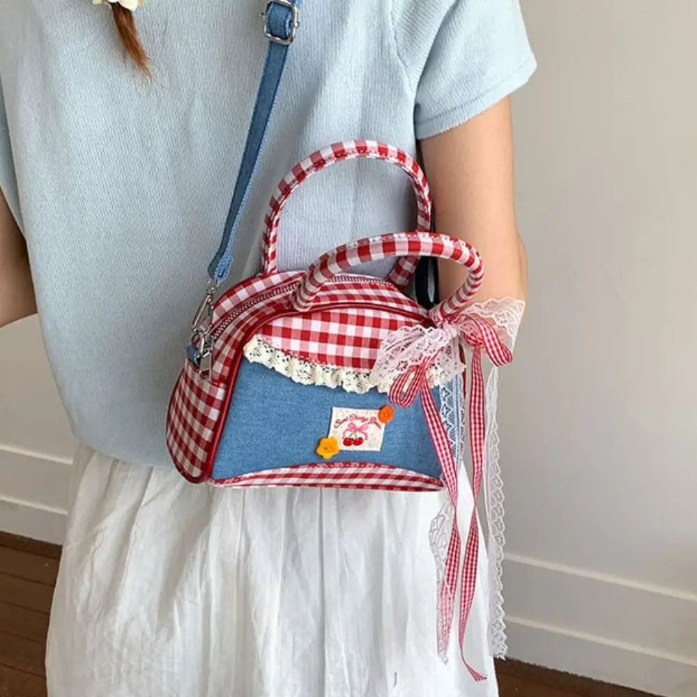 

Retro Lovely Lattice Bowling Bag Leisure Rural Style Denim Plaid Handbag Commuting Bow Sweet Crossbody Bag Gifts