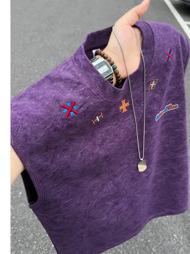 

Summer Trendy Brand Men's Embroidered Tie-Dye Vest No-Sleeve T-Shirt American Sport Fitness Shoulder Pad Standard Fit Casual ...