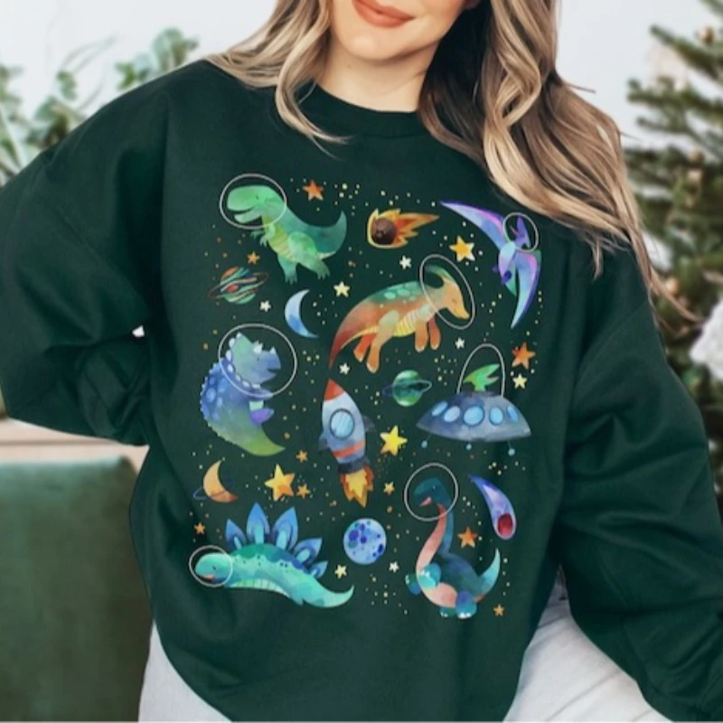 Espaço dinossauro moletom bonito amantes camisola kawaii moletom crewneck dino moletom adulto roupas femininas kawaii com capuz topos
