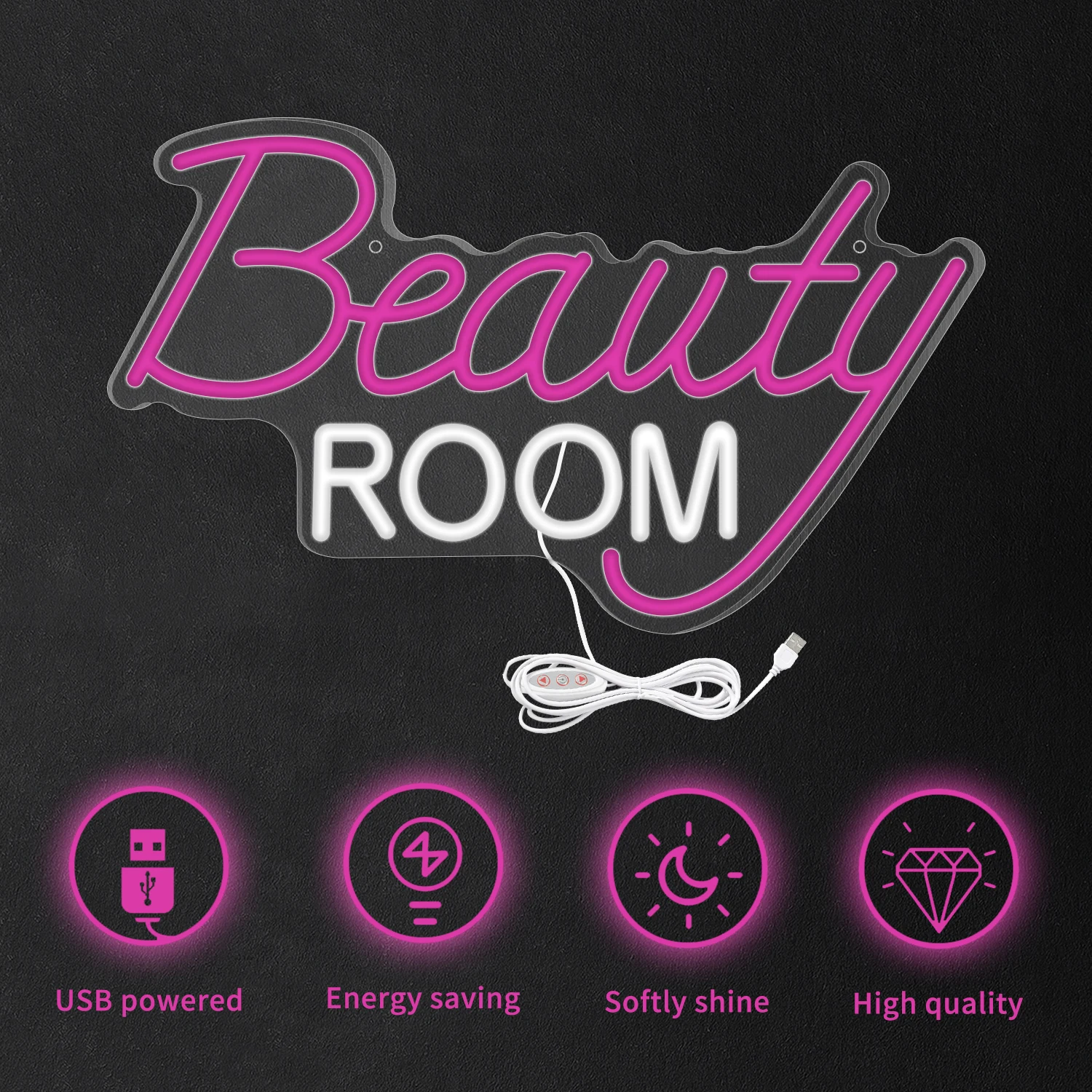 يتميز غرفة التجميل بأضواء نيون حلوة وناعمة مما يخلق جوًا رقيقًا ومناسبًا لتزيين غرف التجميل