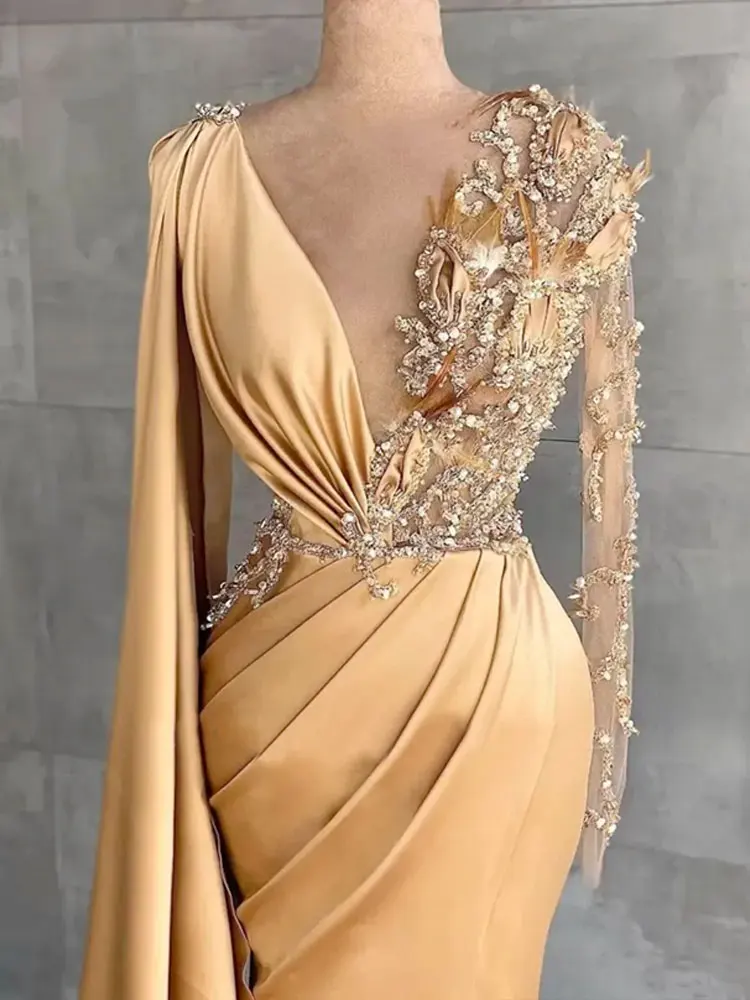 

Stunning Gold Yellow Evening Dresses Deep V Neck Sheer Long Sleeve Beaded CrystalsParty Celebrity Gowns Customized