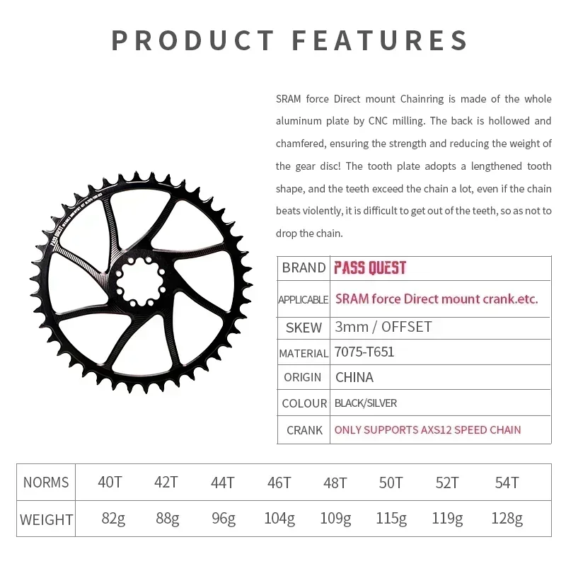 3mm Offset Chainring for Sarm 3 Screw AXS 12 Speed 40T 42T 44T46T 48T 50T 52T 54T Round Road Bike Narrow Wide Chainring