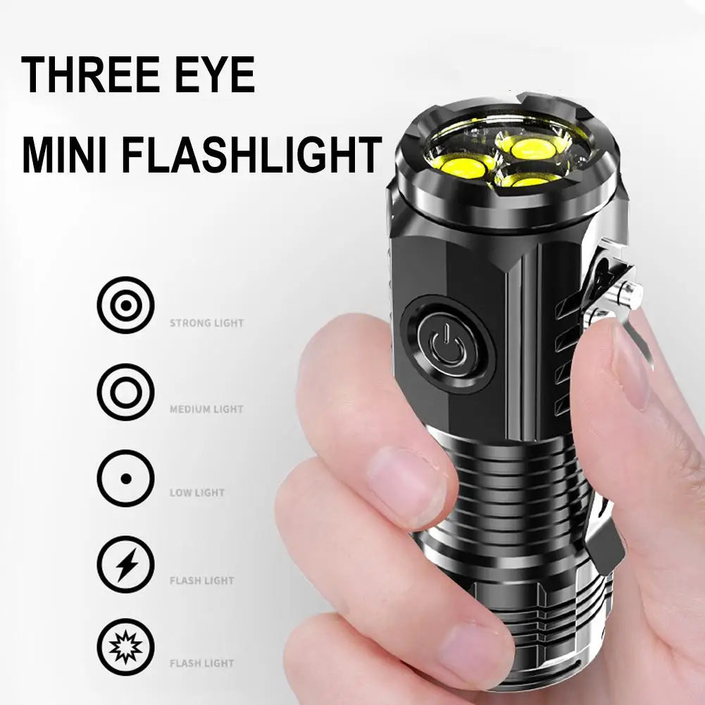 Nuova mini torcia a tre occhi luce forte ricaricabile portatile a lungo raggio potenti luci flash lampada da campeggio esterna