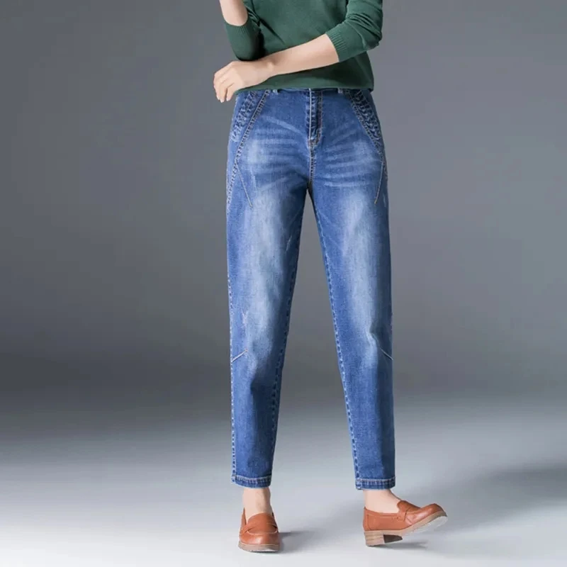 Imagem -05 - Feminino Solto Clássico Branqueado Jeans Casual Botão de Cintura Alta Harém Denim Calças Tamanho Grande 34 Tornozelo Comprimento Vintage Vaqueros Femme