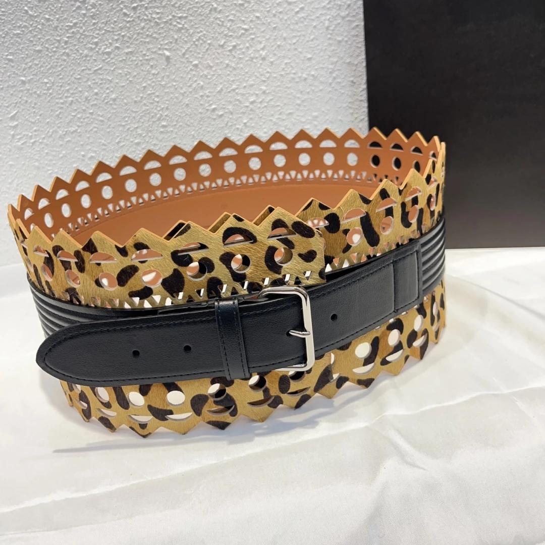 

Bohemian style lace hollow waistband cowhide belt genuine leather women dress decoration wide leopard print waistbandCummerbunds