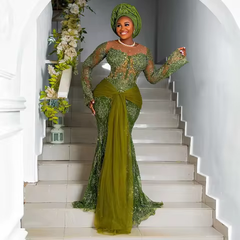 Luxury African Prom Dress Long Sleeves Bead Nigerian Wedding Party Dress Illusion Asoebi Evening Dressess Green Lace Tulle