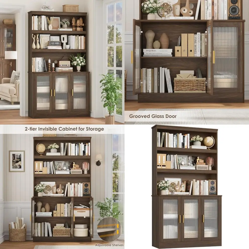 

Modern Sliding Door Buffet Cabinet - Wooden Storage Sideboard with LED Lights, Adjustable Shelves, Black Metal Handles