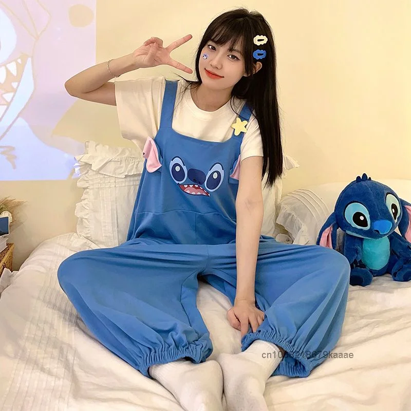 Disney Stitch Pure Cotton New Sleepwear Women's Summer Korean Version Casual Pajamas Cute Cartoon One-piece Style Home Suit Set