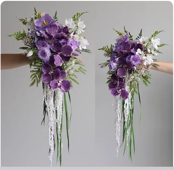 Natural scenery | Waterfall holding artificial flowers | Bridal knot wedding photography props home furnishings floral purple