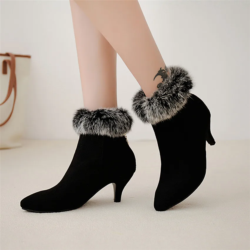 Winter Fur Ankle Boots Women High Spike Heels Red Black Flock Warm Plush Casual Office Party Lady Pointed Toe Zipper Short Boots